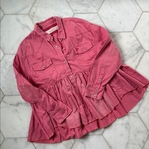 Free People We The Free Shirt Large Pink Dylan Babydoll Pearl Snap Long Sleeve